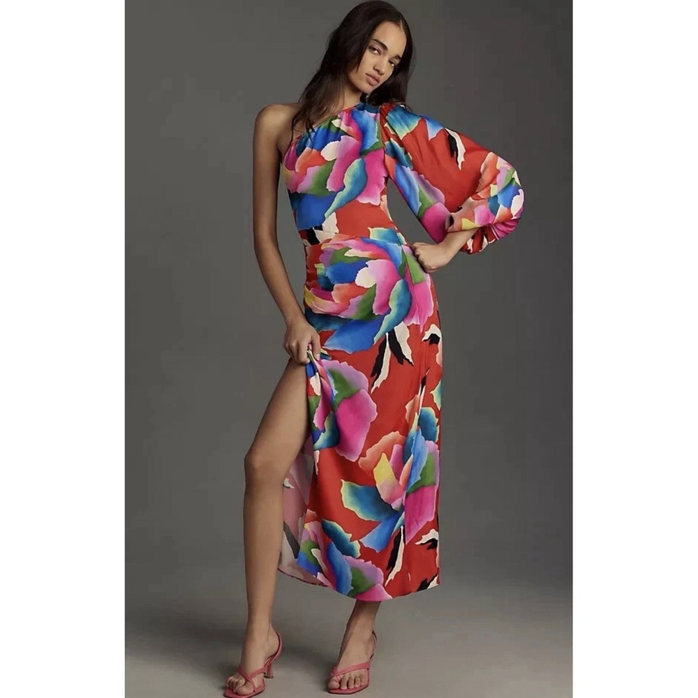 Farm Rio One Shoulder Dress Anthropologie Abstract Floral Midi Slit Size S
